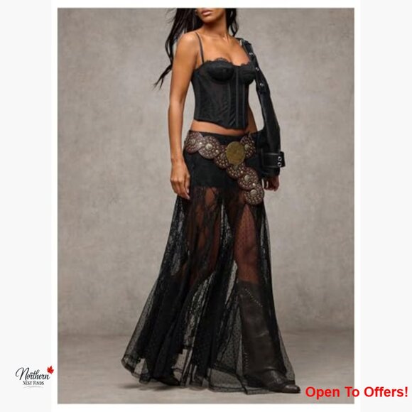 Sheer Lace Maxi Skirt Low Waist Ruffle Hem A Line Flowy - Picture 6 of 7